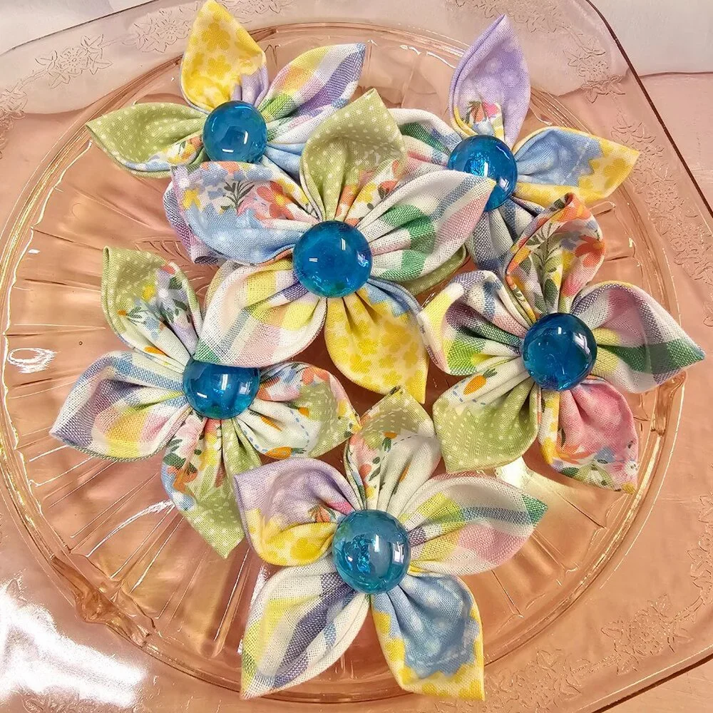 6pc Joyful Garden Fabric Flower Set, Bright & Colorful Pastels, Blue Centers